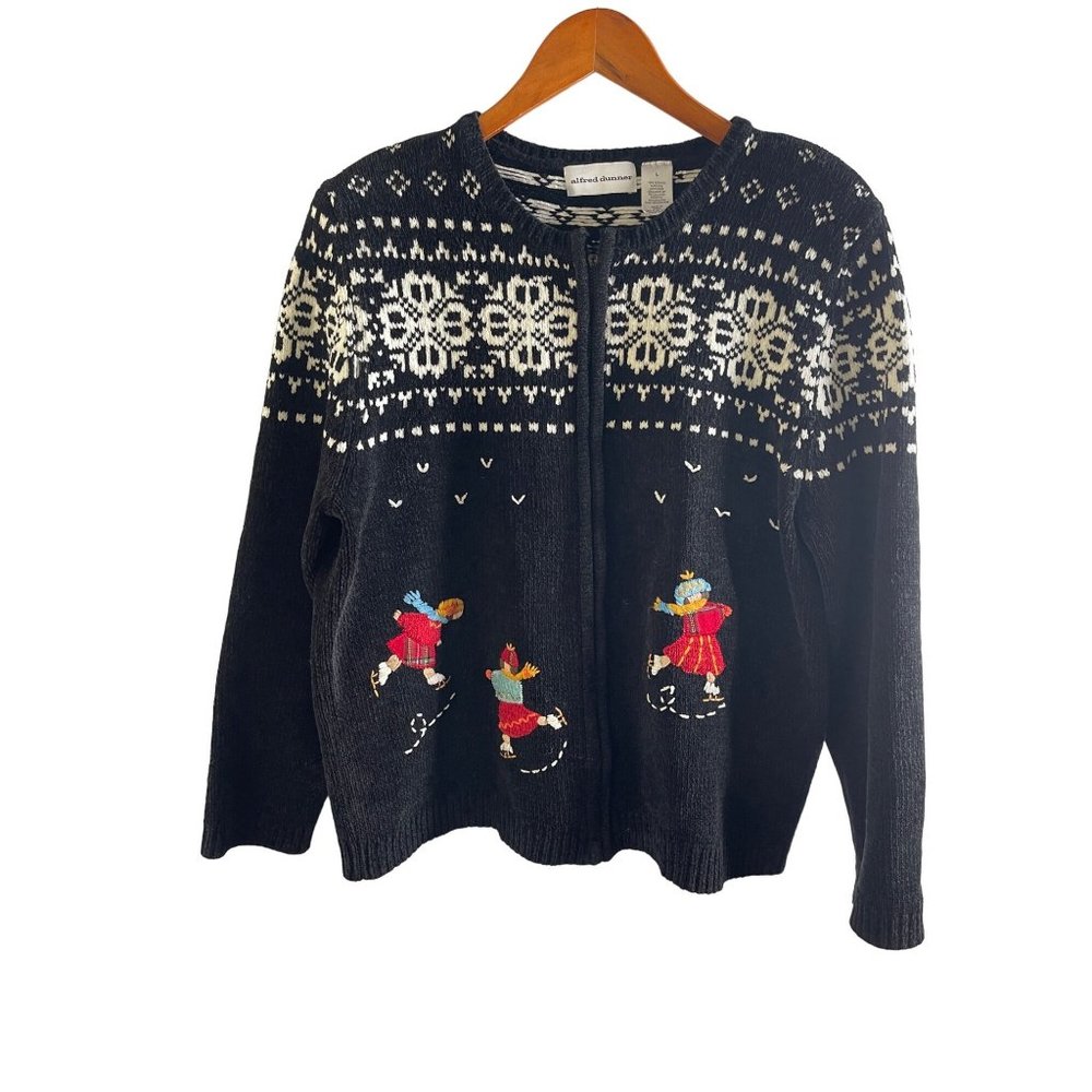 Alfred Dunner Christmas Winter Sweater Cardigan Ice Skating Holiday Black Size L